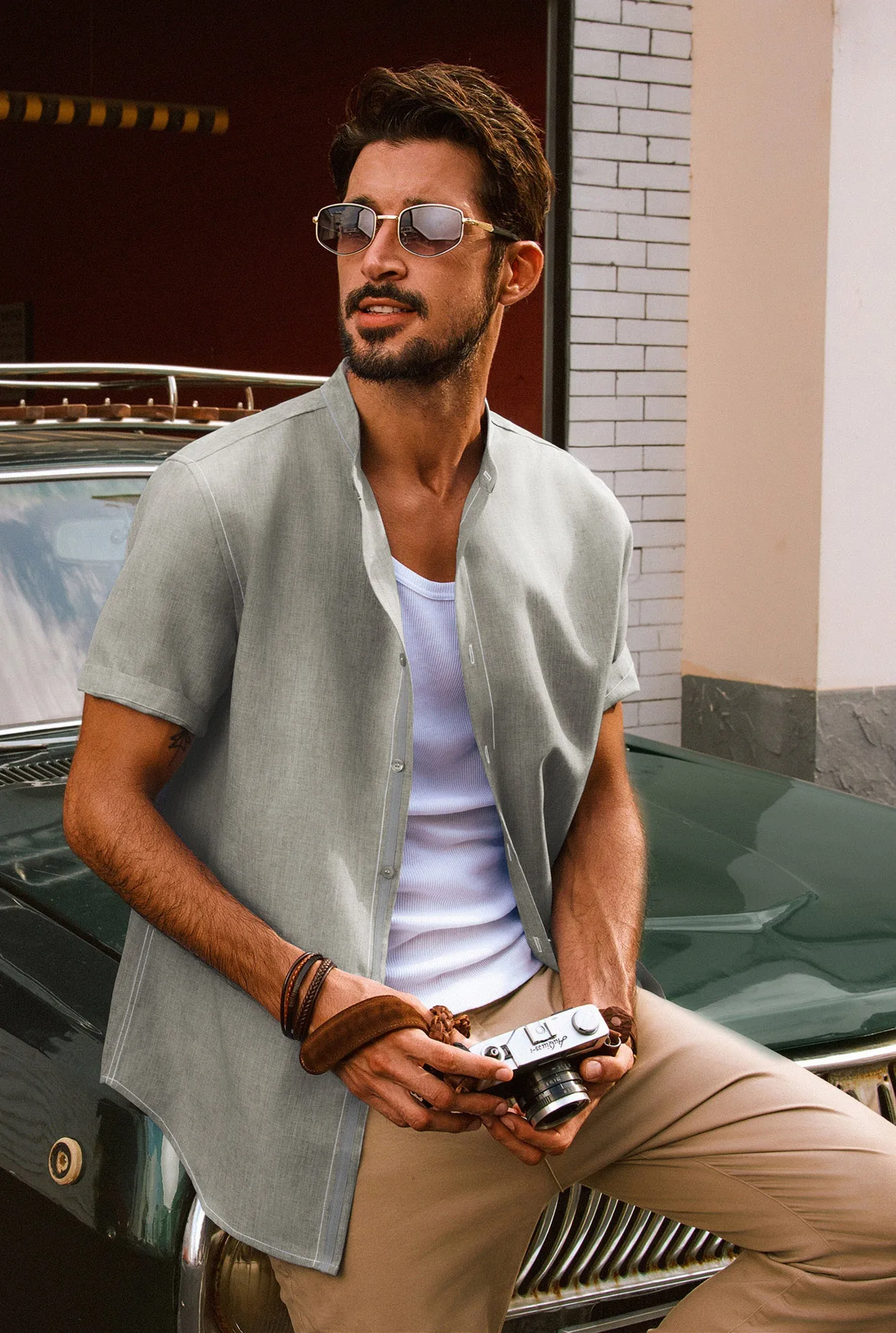 Men Stand Collar Shirt Casual Short Sleeve Curved Hem Button-up Tops
