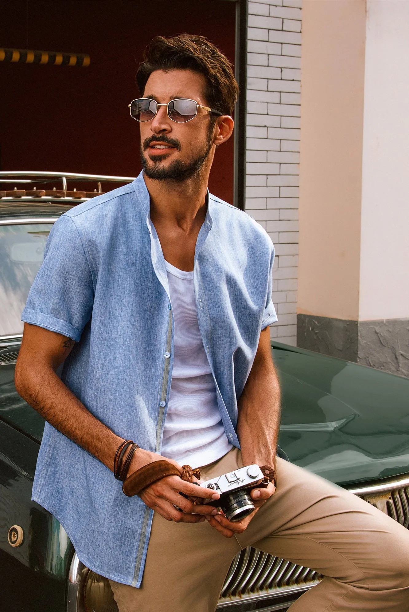 Men Stand Collar Shirt Casual Short Sleeve Curved Hem Button-up Tops