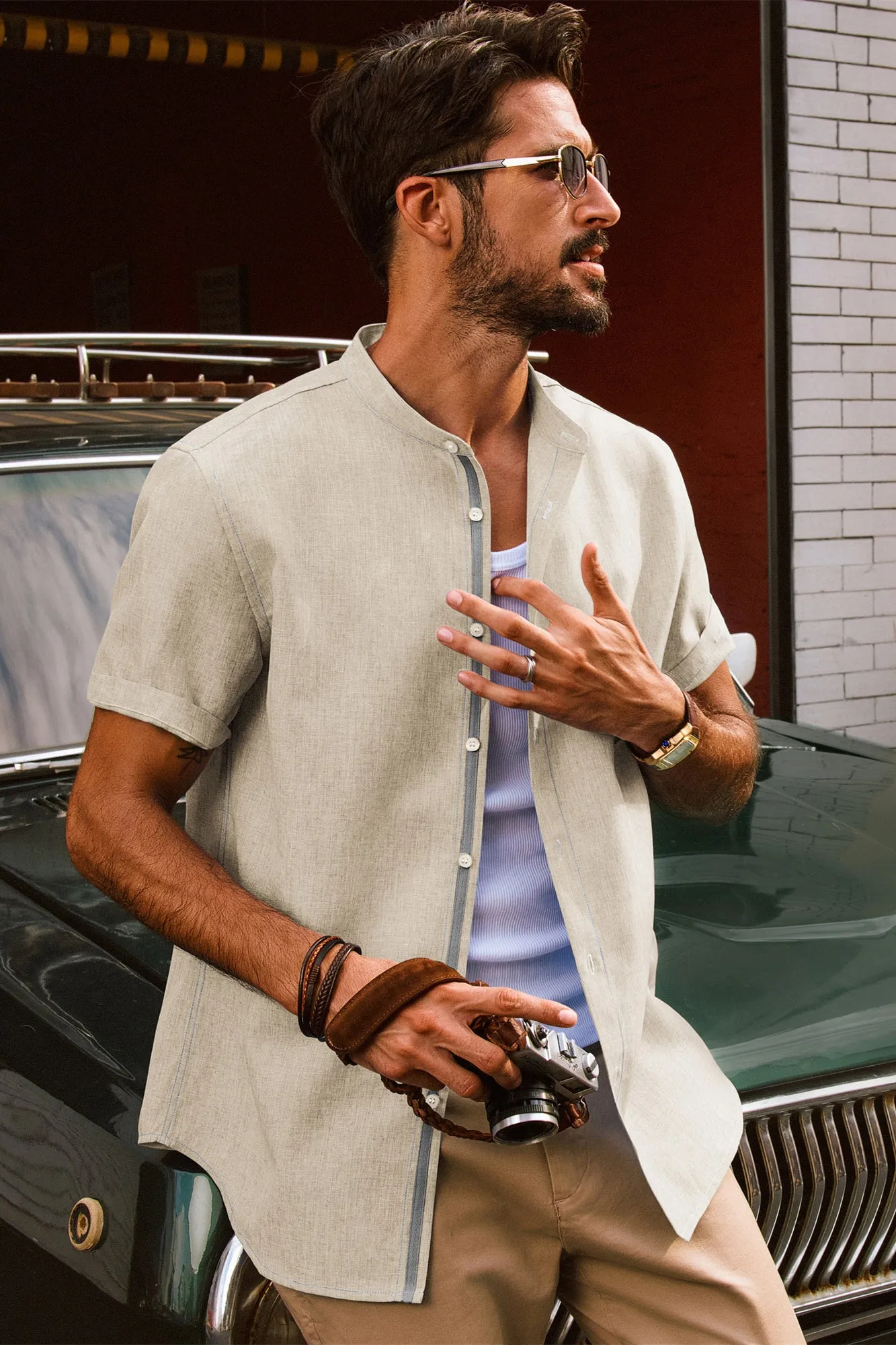 Men Stand Collar Shirt Casual Short Sleeve Curved Hem Button-up Tops