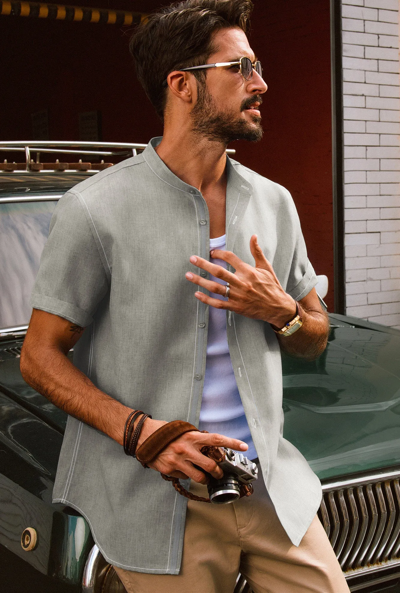 Men Stand Collar Shirt Casual Short Sleeve Curved Hem Button-up Tops