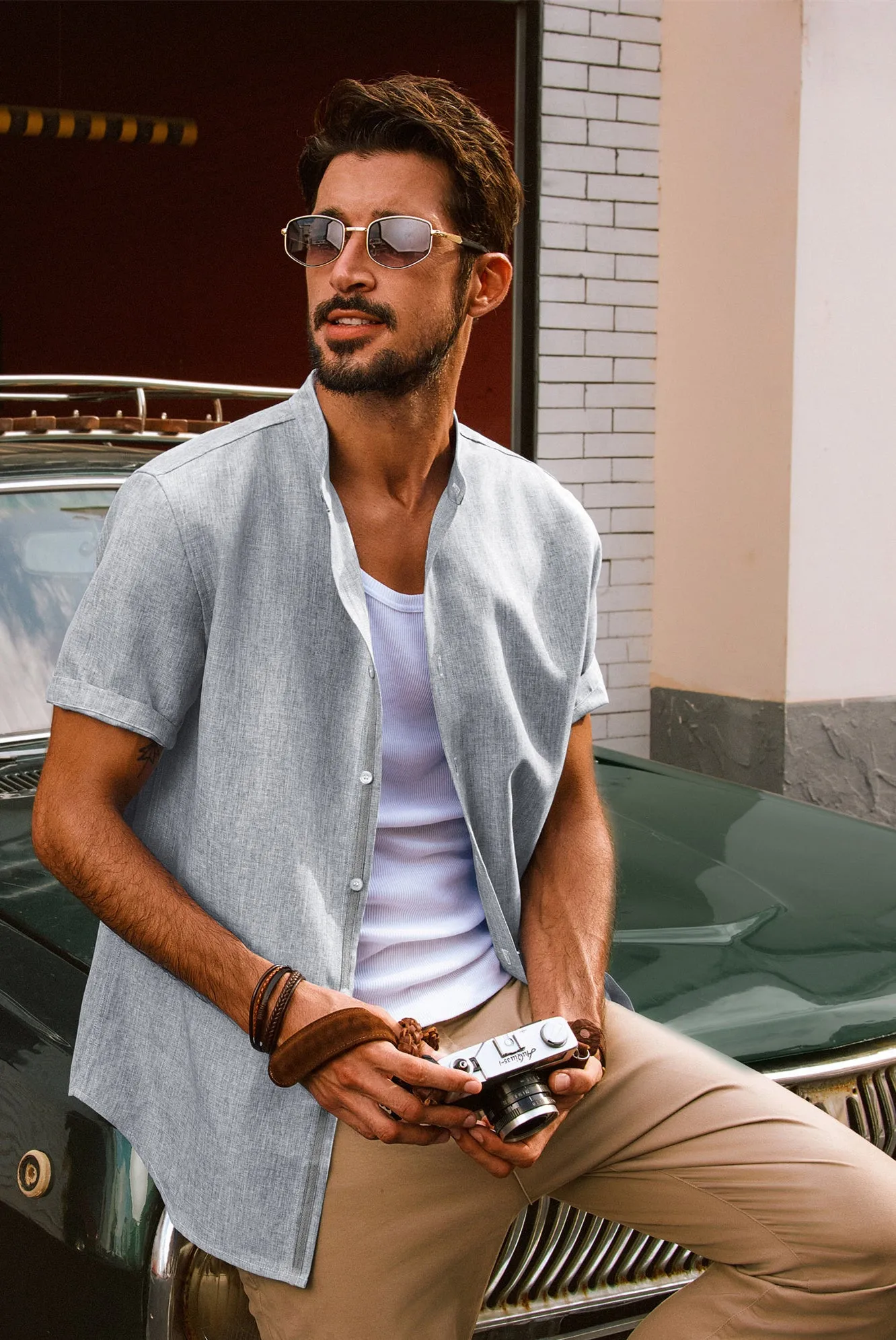 Men Stand Collar Shirt Casual Short Sleeve Curved Hem Button-up Tops