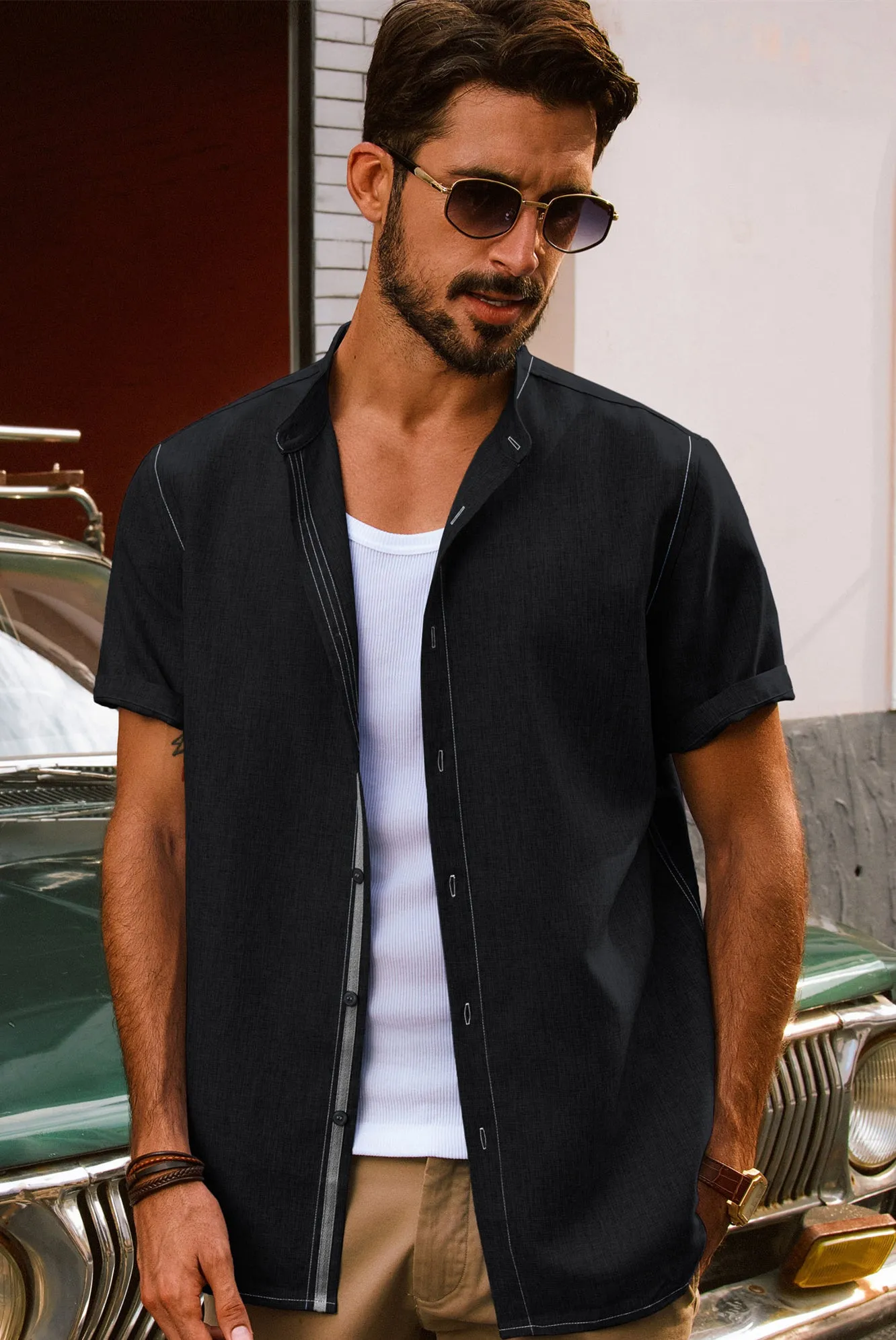 Men Stand Collar Shirt Casual Short Sleeve Curved Hem Button-up Tops