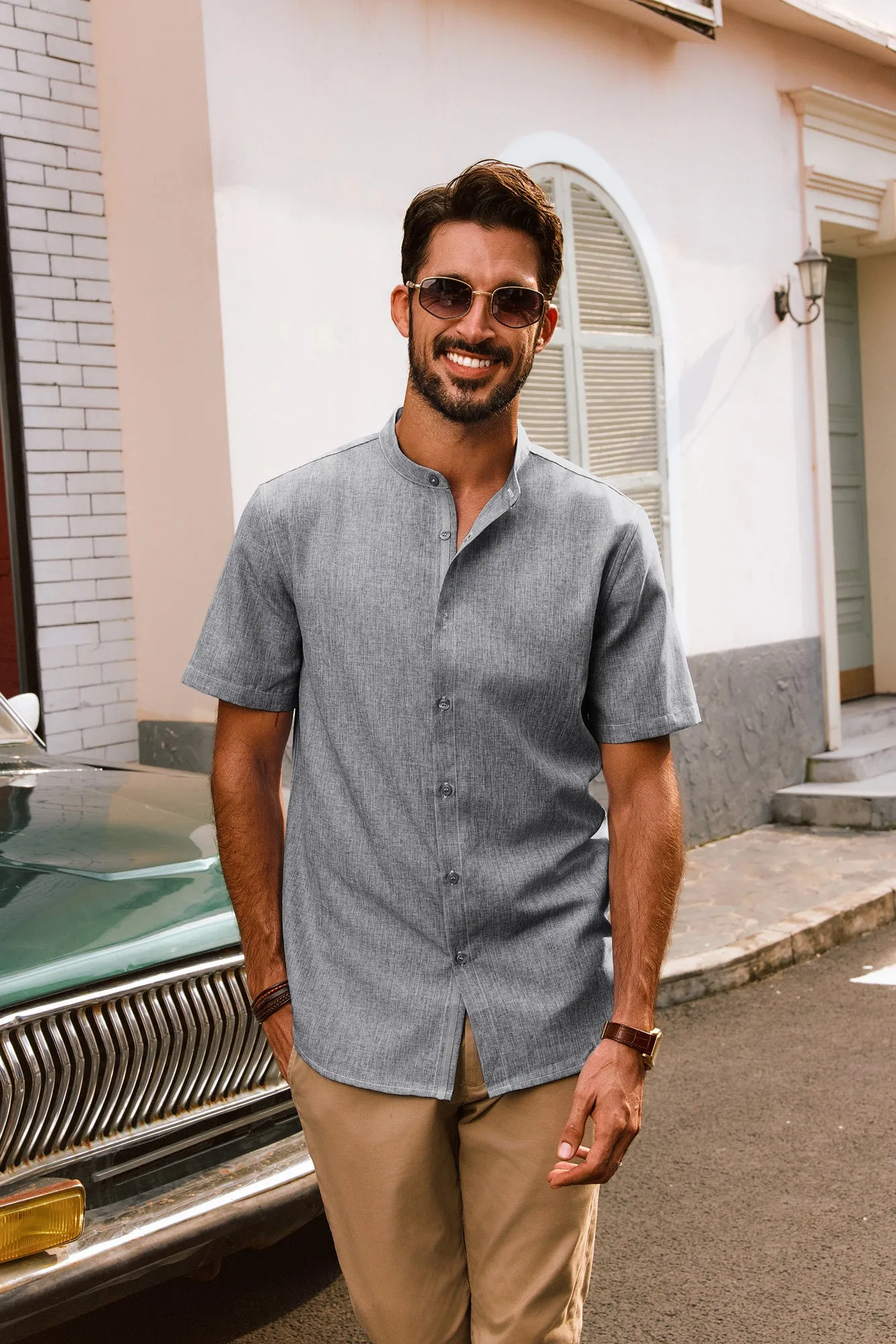Men Stand Collar Shirt Casual Short Sleeve Curved Hem Button-up Tops