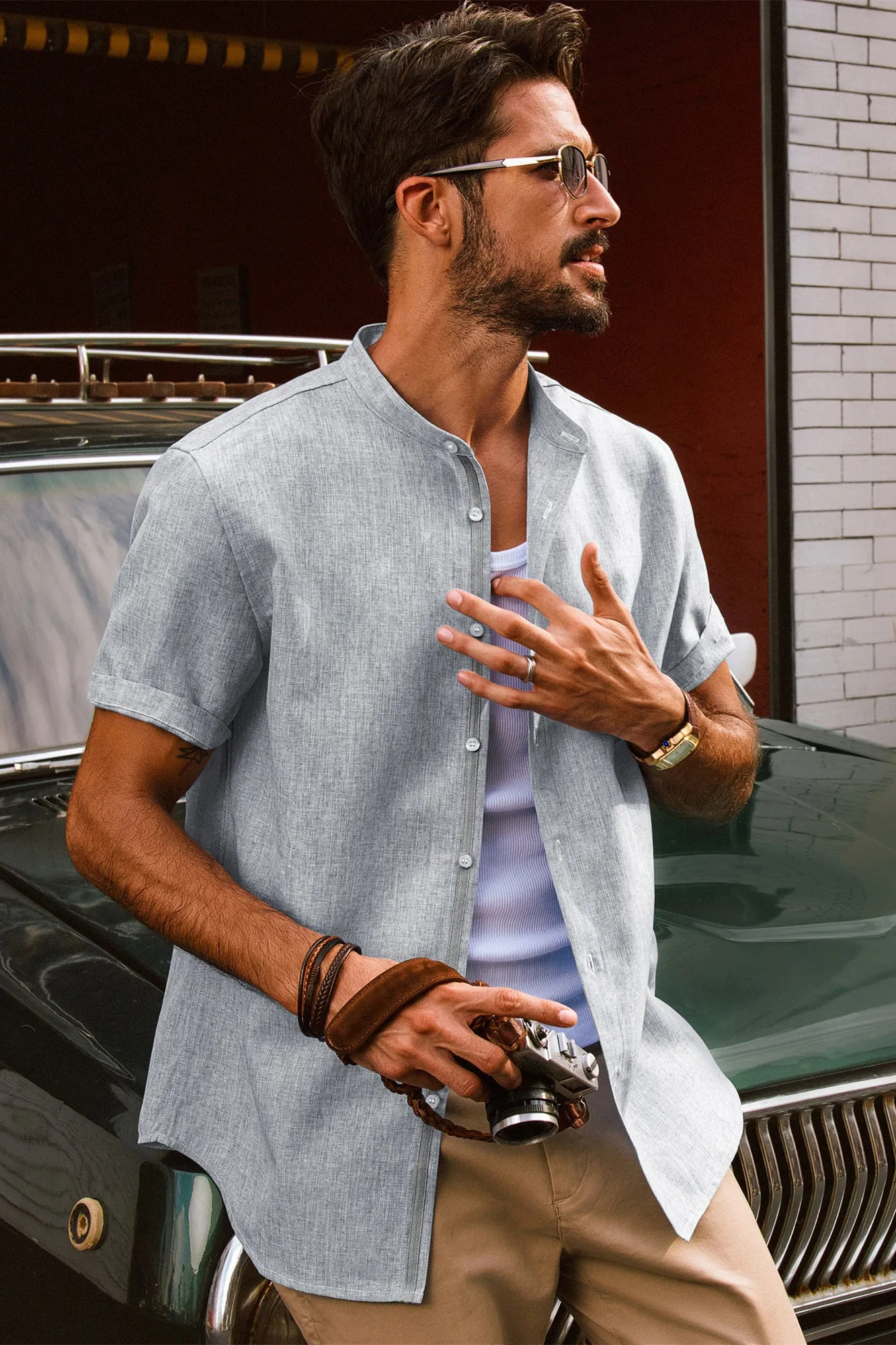 Men Stand Collar Shirt Casual Short Sleeve Curved Hem Button-up Tops