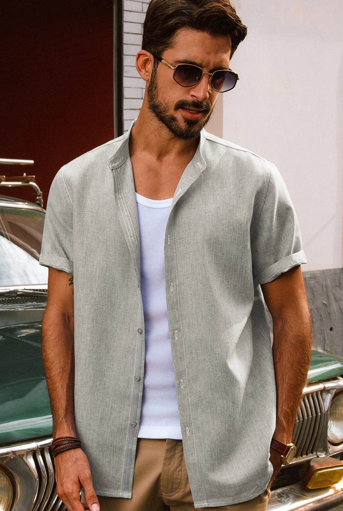 Men Stand Collar Shirt Casual Short Sleeve Curved Hem Button-up Tops