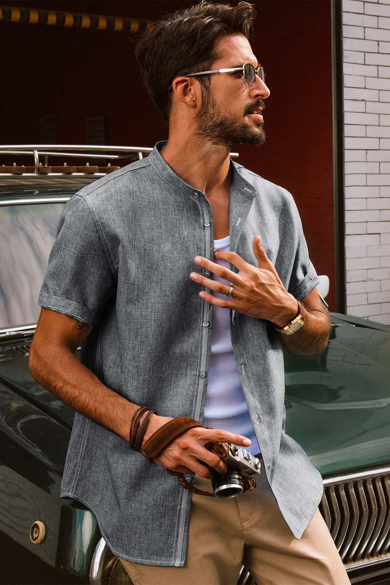 Men Stand Collar Shirt Casual Short Sleeve Curved Hem Button-up Tops