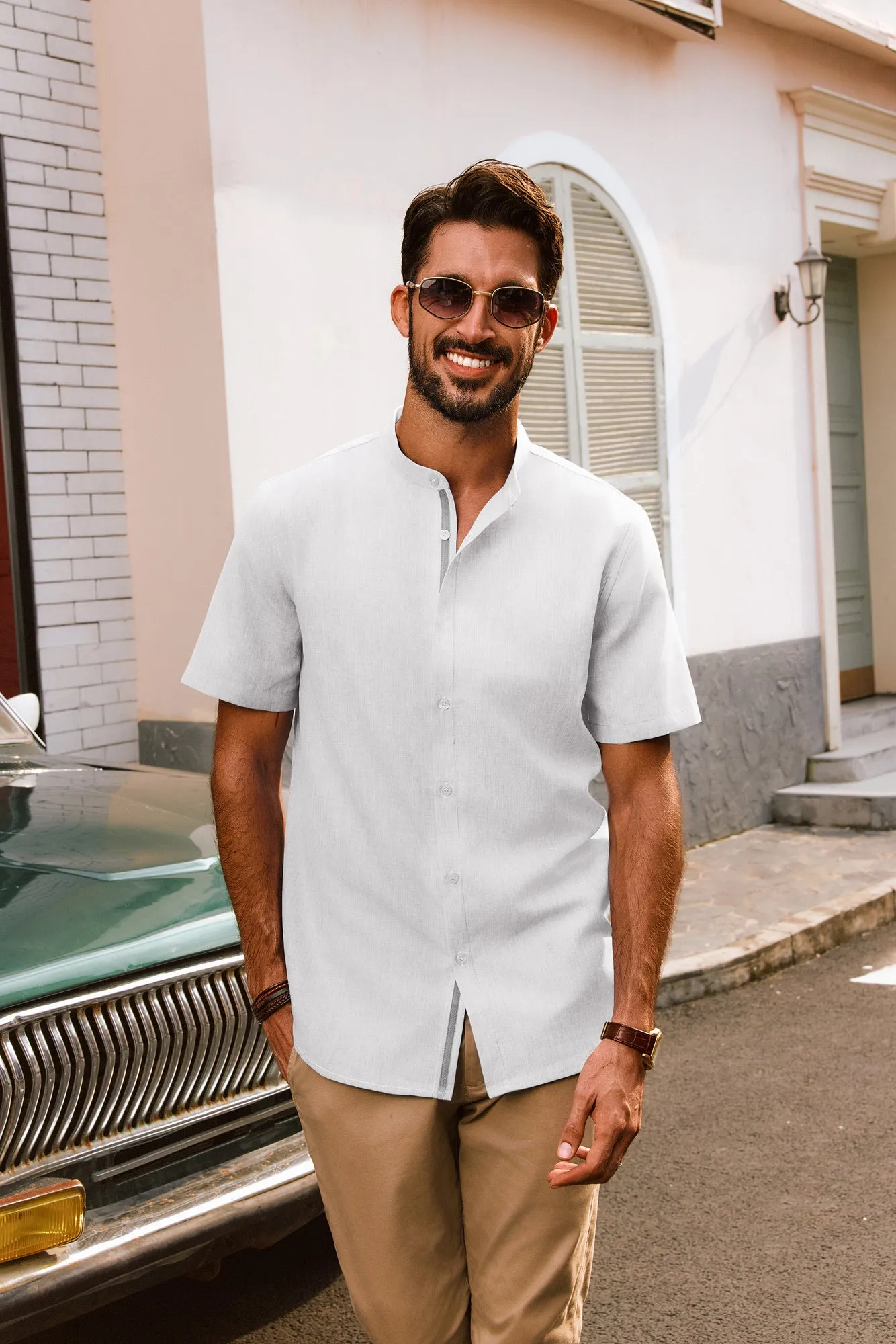Men Stand Collar Shirt Casual Short Sleeve Curved Hem Button-up Tops
