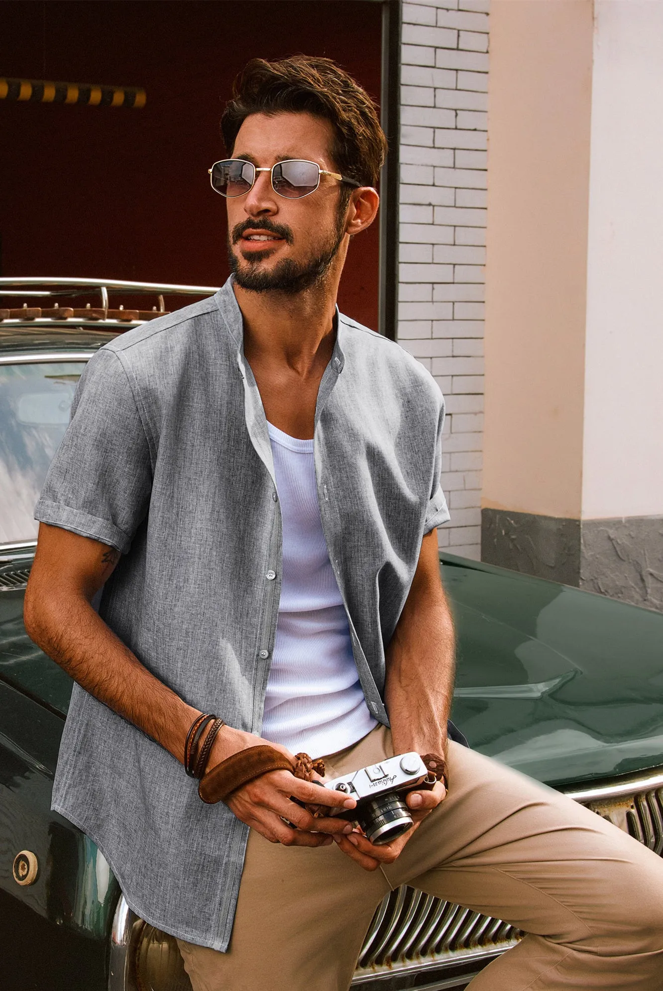 Men Stand Collar Shirt Casual Short Sleeve Curved Hem Button-up Tops