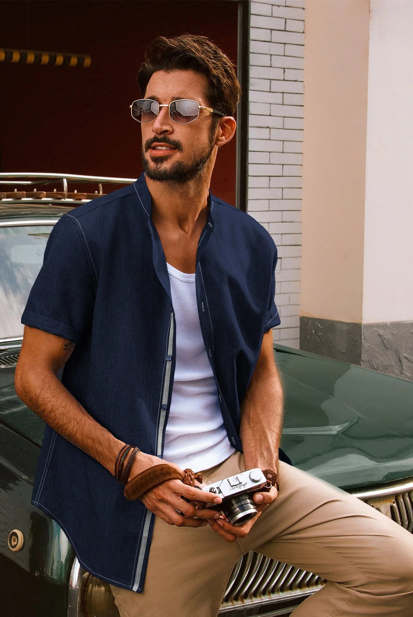 Men Stand Collar Shirt Casual Short Sleeve Curved Hem Button-up Tops
