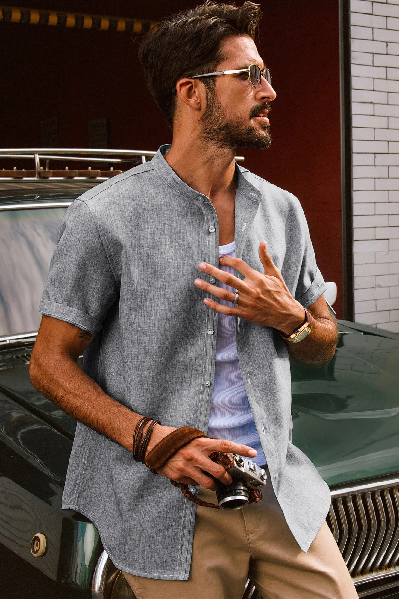 Men Stand Collar Shirt Casual Short Sleeve Curved Hem Button-up Tops