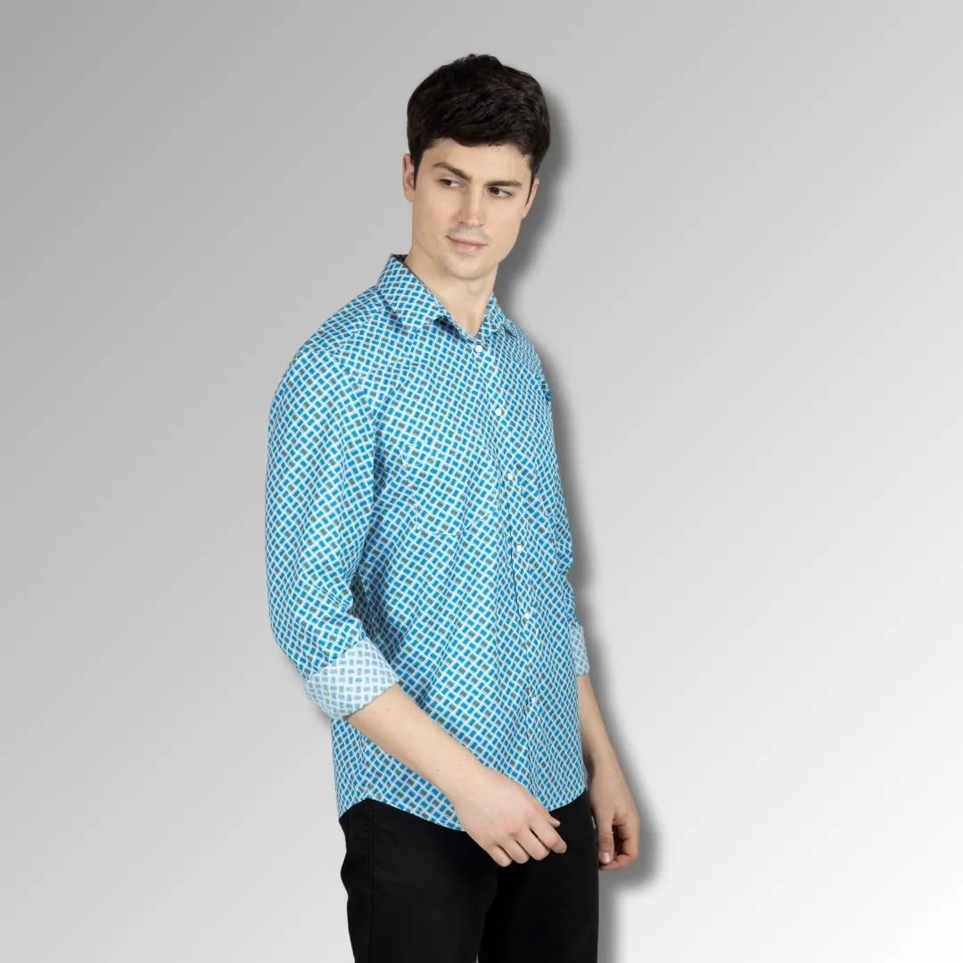 Men's Blue Printed Cotton Western Shirt with Western Yoke