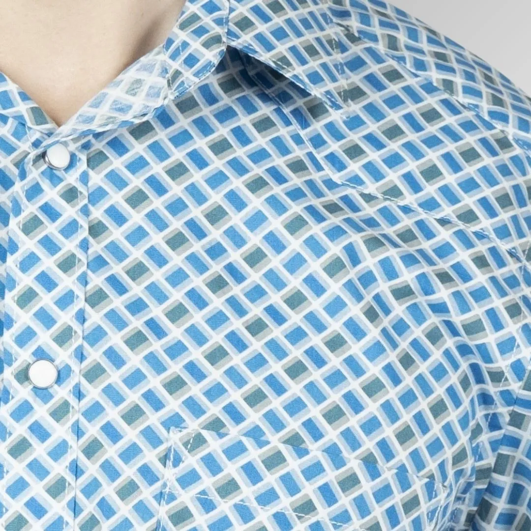 Men's Blue Printed Cotton Western Shirt with Western Yoke