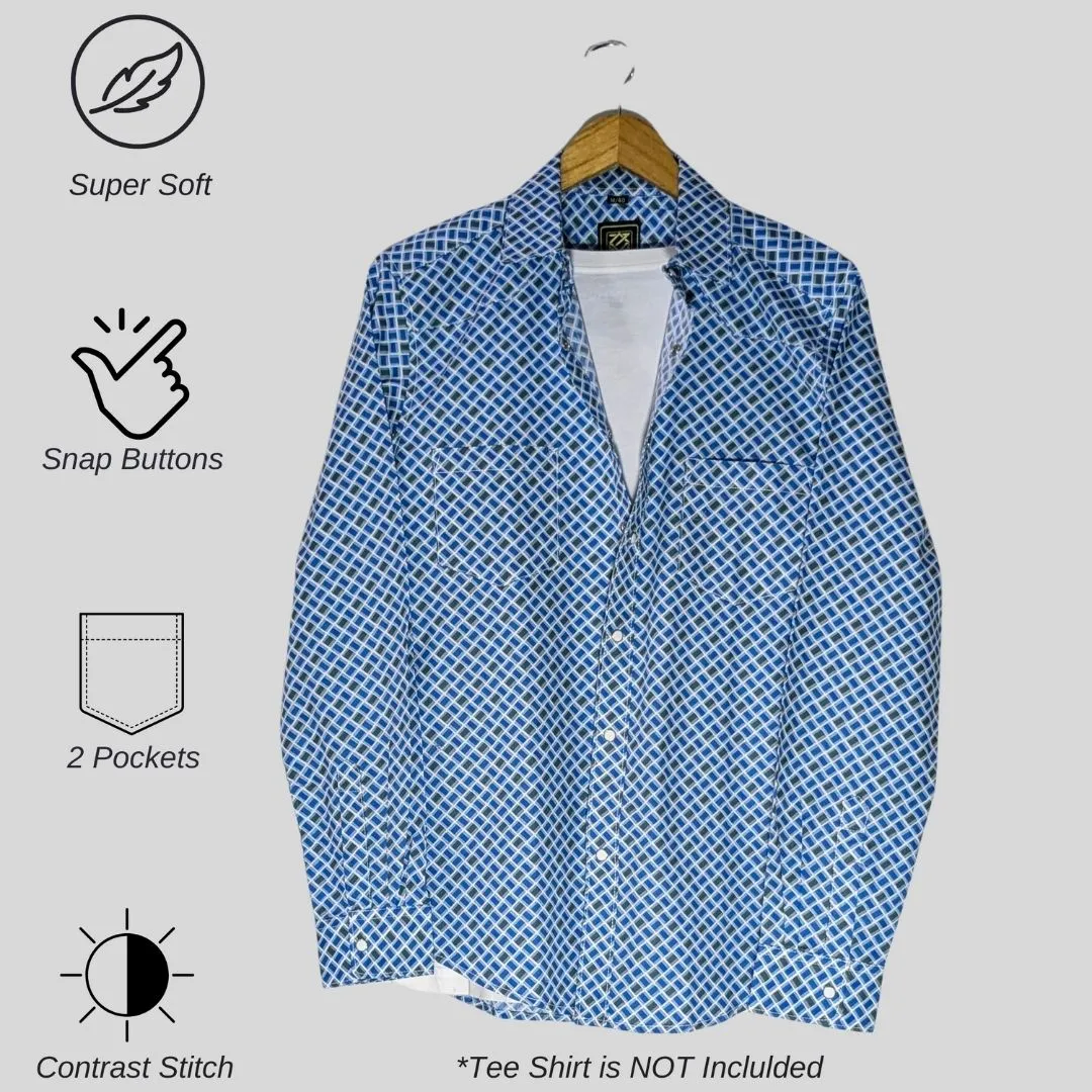 Men's Blue Printed Cotton Western Shirt with Western Yoke