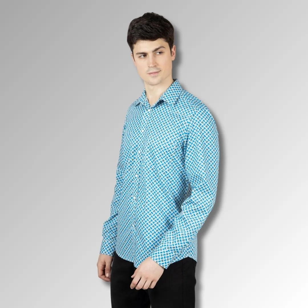 Men's Blue Printed Cotton Western Shirt with Western Yoke