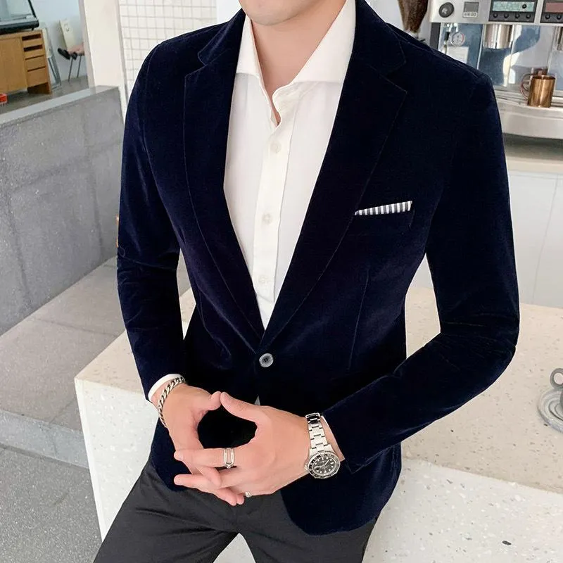 Men's Fashionable Casual Gold Velvet Suit 80816389L