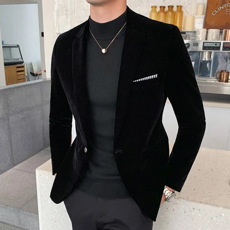 Men's Fashionable Casual Gold Velvet Suit 80816389L