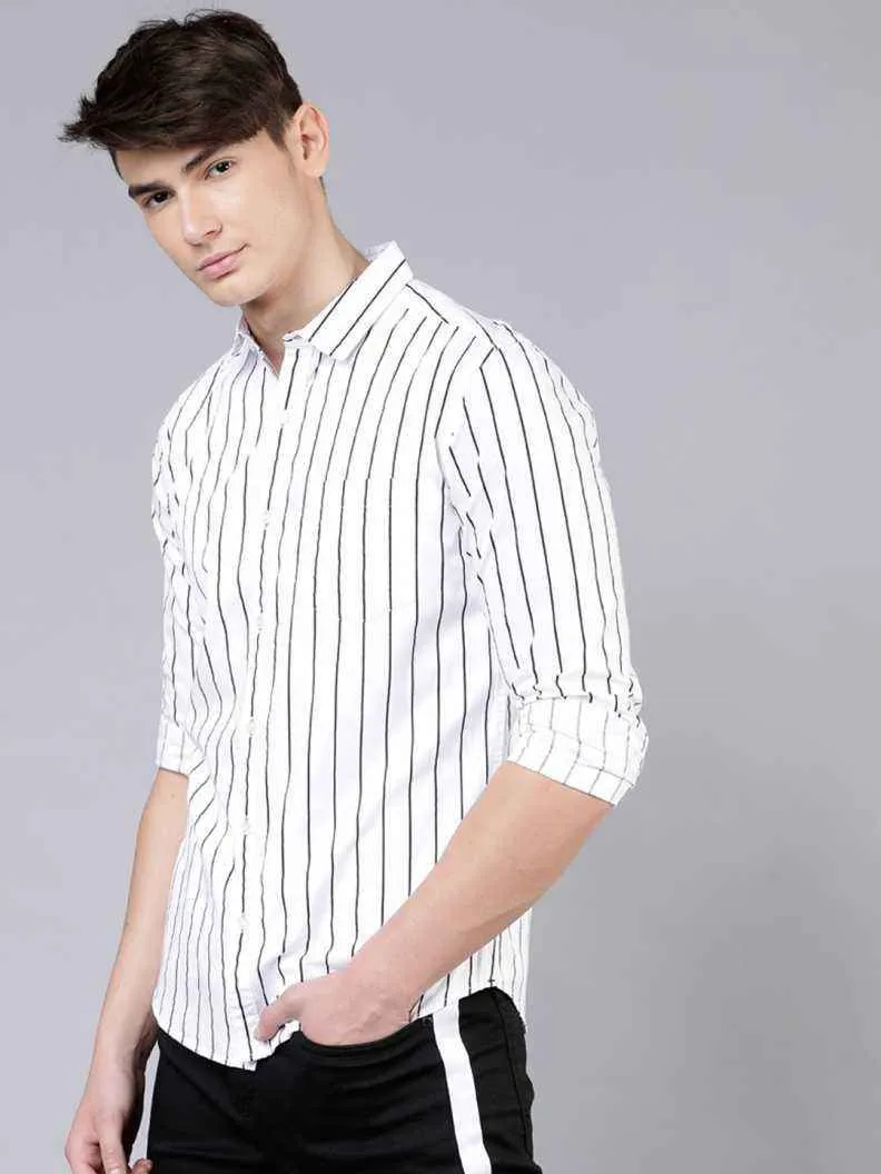 Men's White & Black Striped Slim Fit Shirt