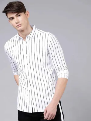 Men's White & Black Striped Slim Fit Shirt