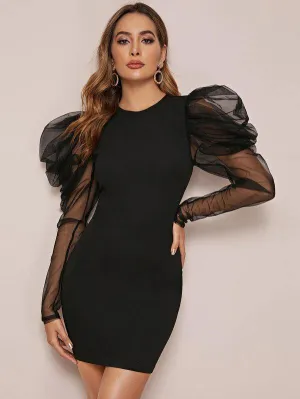 Mesh Leg-of-mutton Sleeve Bodycon Dress