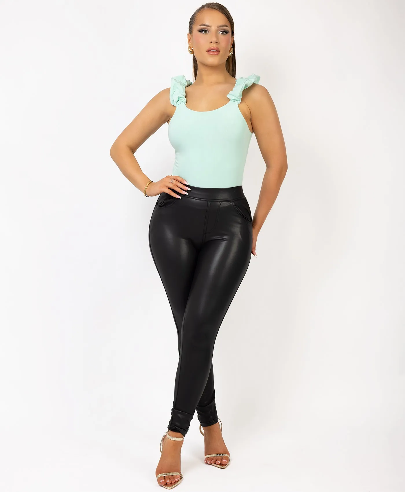 Mint Ruffle Ruched Straps Flare Bodysuit