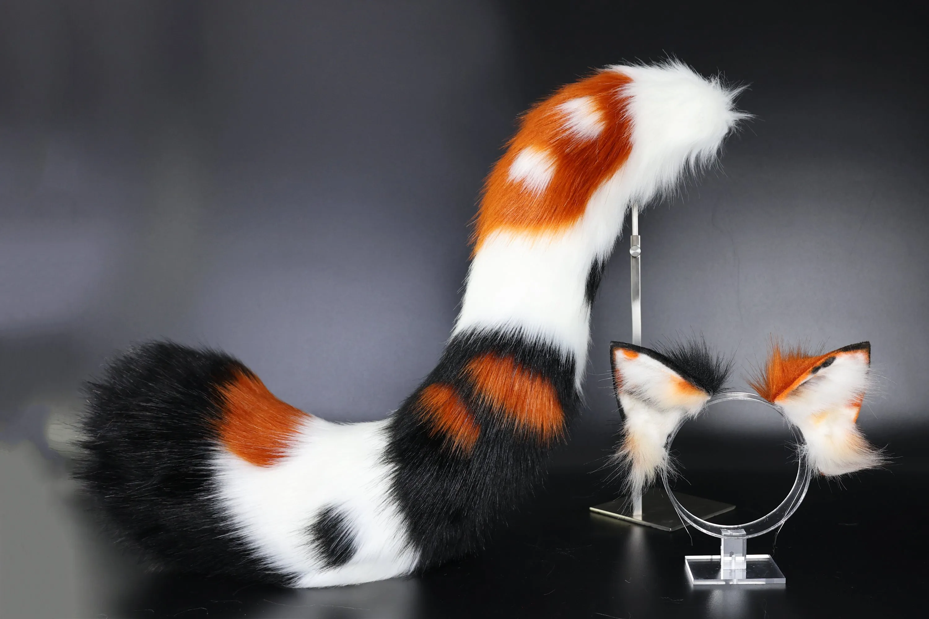 Multicolor stitching faux fur fox ears and tail curved wolf tail and ears cat tail and ears kitten ears and tail set anime cosplay role play