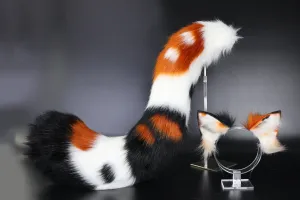 Multicolor stitching faux fur fox ears and tail curved wolf tail and ears cat tail and ears kitten ears and tail set anime cosplay role play