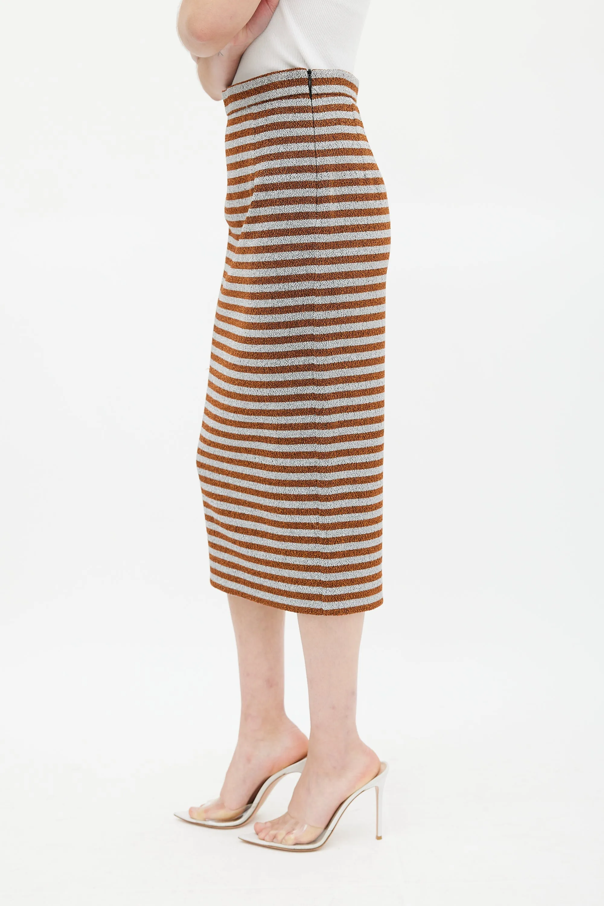 Orange & Silver Metallic Striped Pencil Skirt