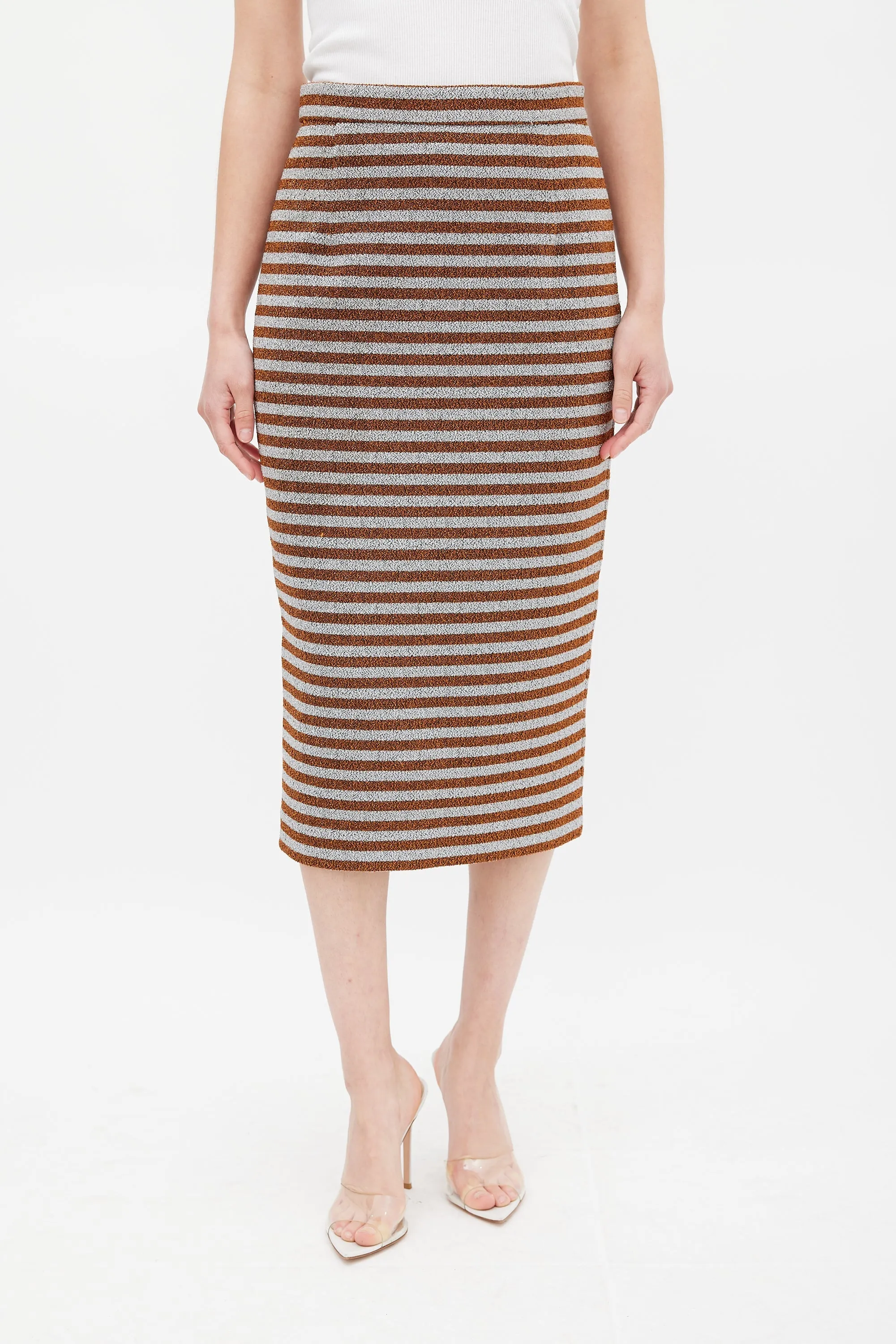 Orange & Silver Metallic Striped Pencil Skirt