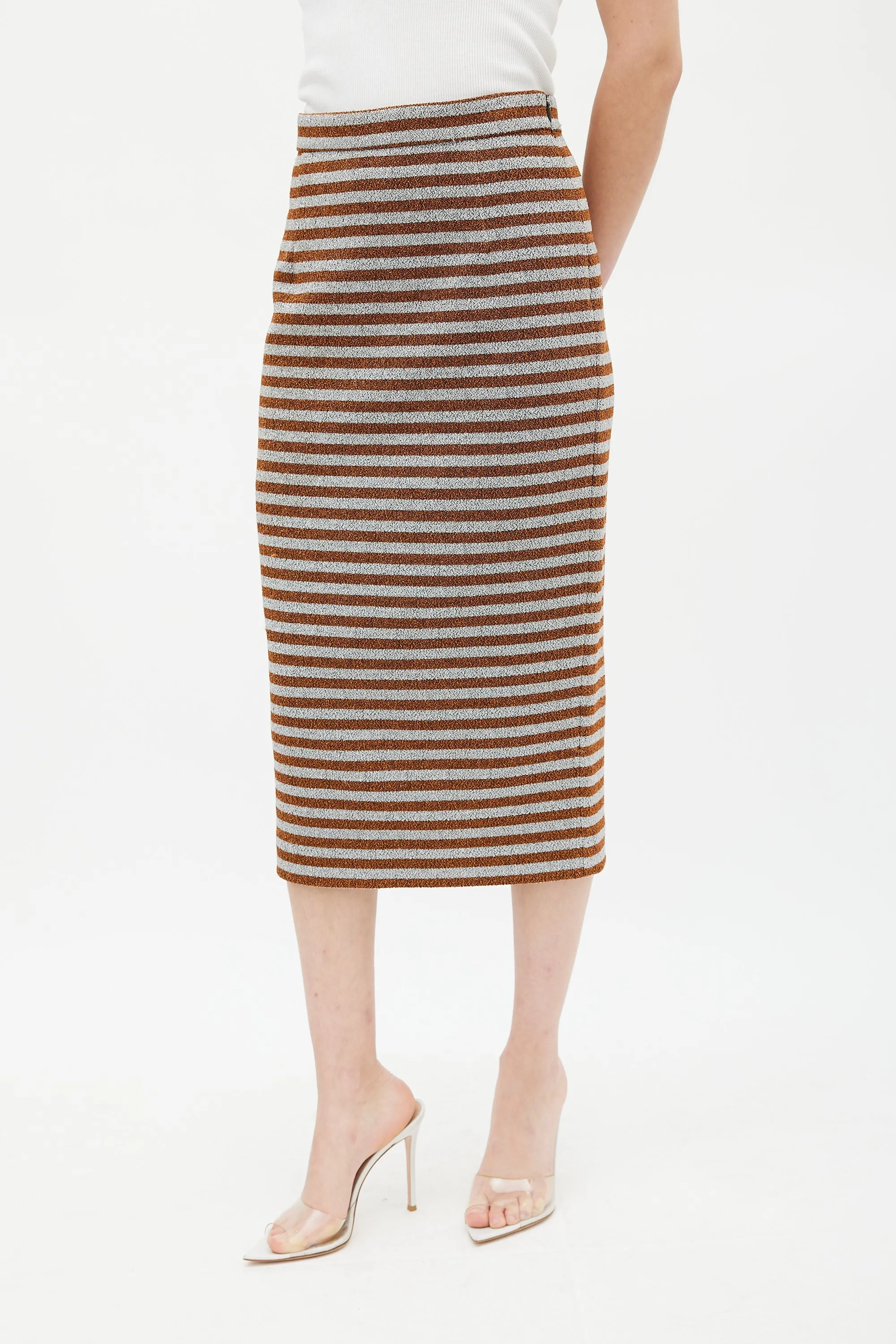 Orange & Silver Metallic Striped Pencil Skirt