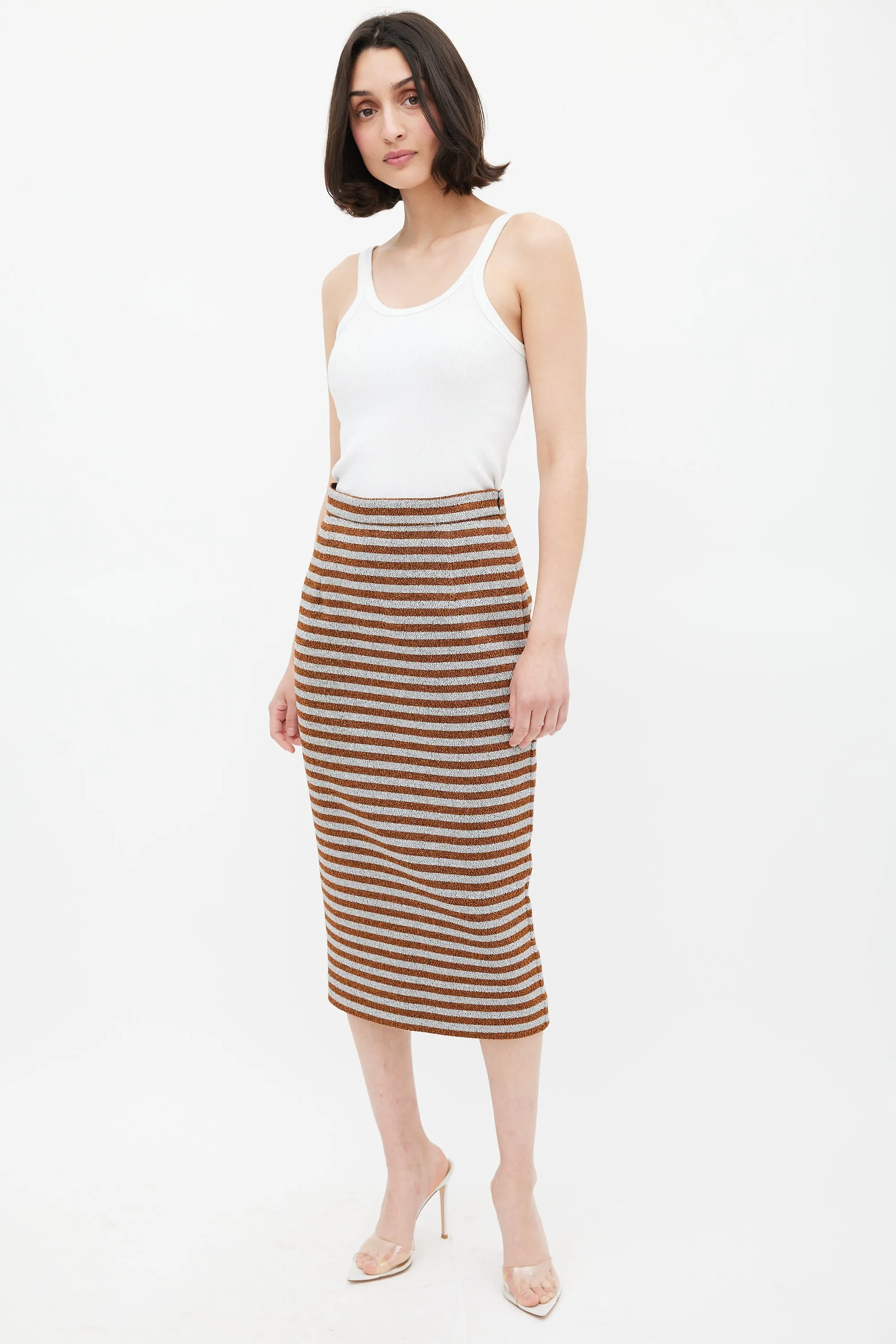 Orange & Silver Metallic Striped Pencil Skirt