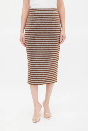 Orange & Silver Metallic Striped Pencil Skirt