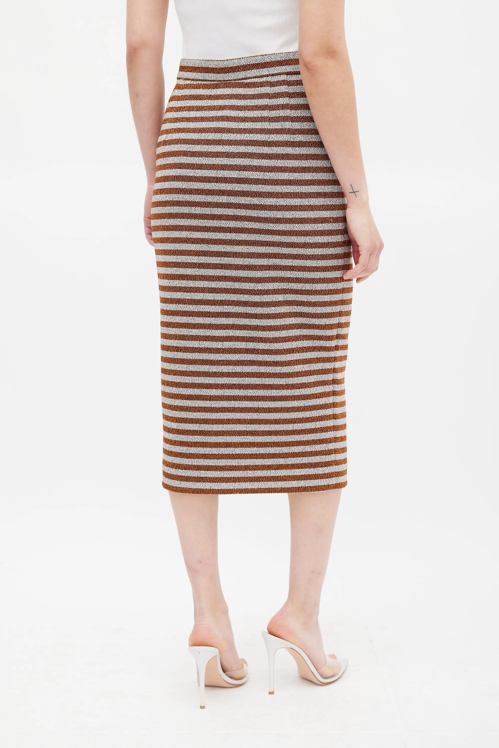 Orange & Silver Metallic Striped Pencil Skirt