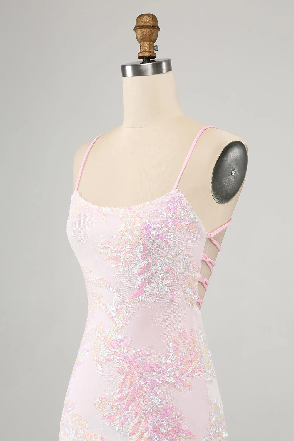 Pink Bodycon Spaghetti Straps Homecoming Dress with Criss Cross Back