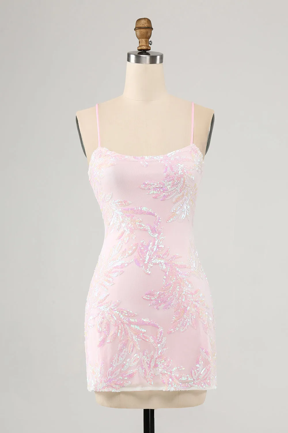 Pink Bodycon Spaghetti Straps Homecoming Dress with Criss Cross Back