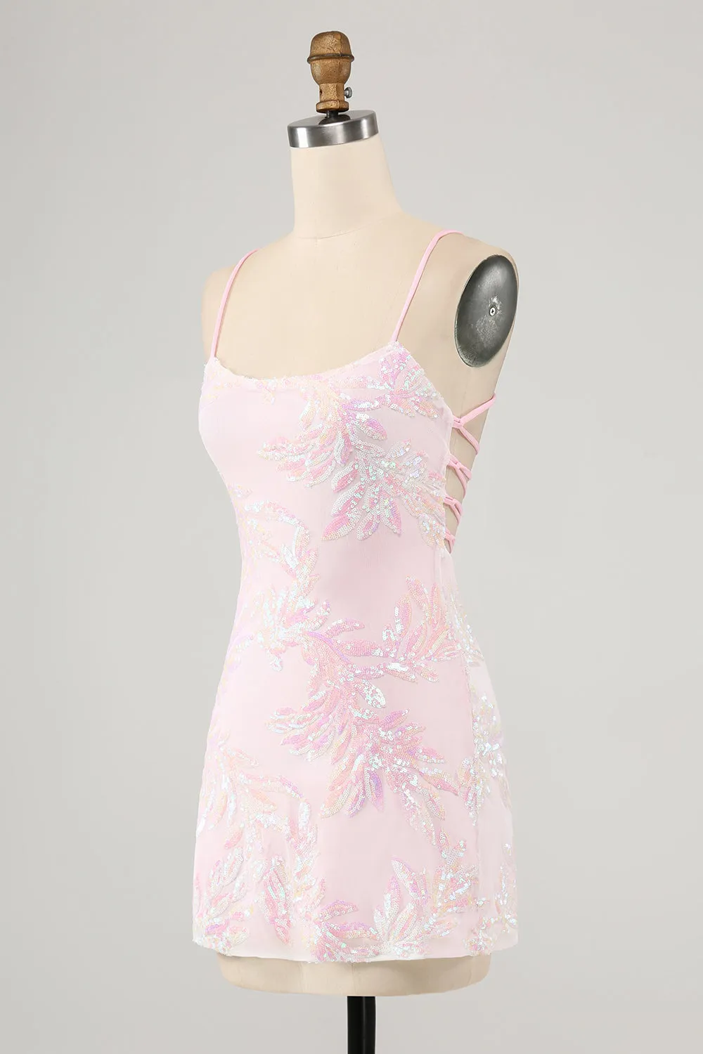 Pink Bodycon Spaghetti Straps Homecoming Dress with Criss Cross Back