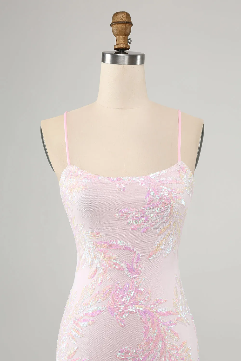 Pink Bodycon Spaghetti Straps Homecoming Dress with Criss Cross Back