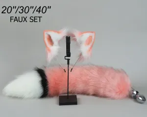pink white fox tail plug and ear set fox ear wolf tail butt plug tail buttplug petplay sextoy detach anal plug tail kittenplay ear