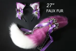 Purple white real fur fox ear and tail plug set