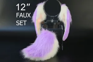 Purple white soft lop bunny ear and tail cosplay realistic faux fur long floppy bunny ears headband rabbit ears tail set bunny kemonomimi