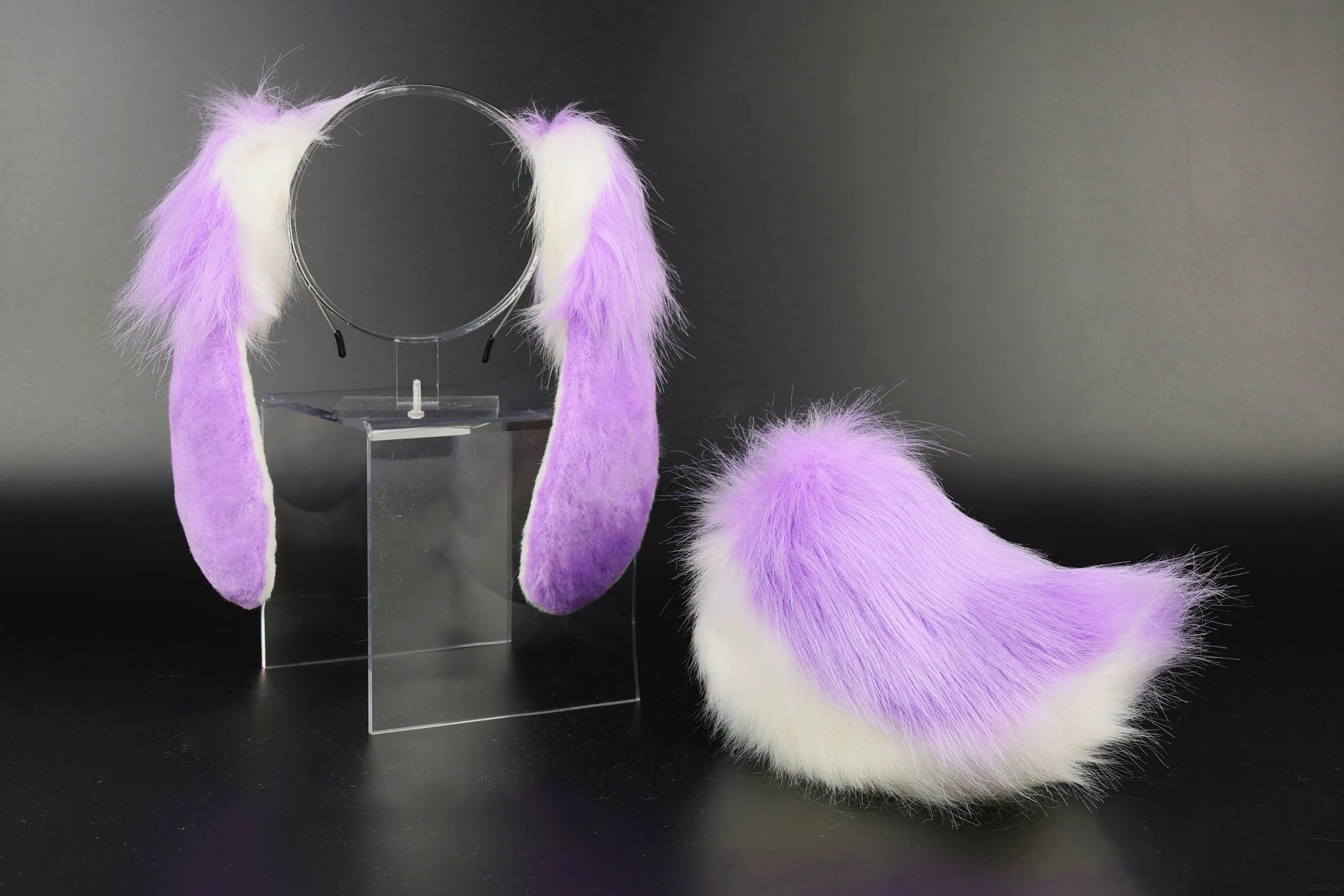 Purple white soft lop bunny ear and tail cosplay realistic faux fur long floppy bunny ears headband rabbit ears tail set bunny kemonomimi