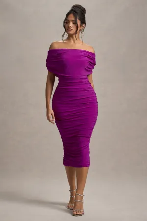 Rayleigh | Dark Pink Bardot Ruched Midi Dress