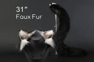 Realistic Black Kitten Ear and Tail set Black Kitten Ears and Tail Cat Ear Headband Animal Ear and Tail Plug Set Christmas Gift Mature