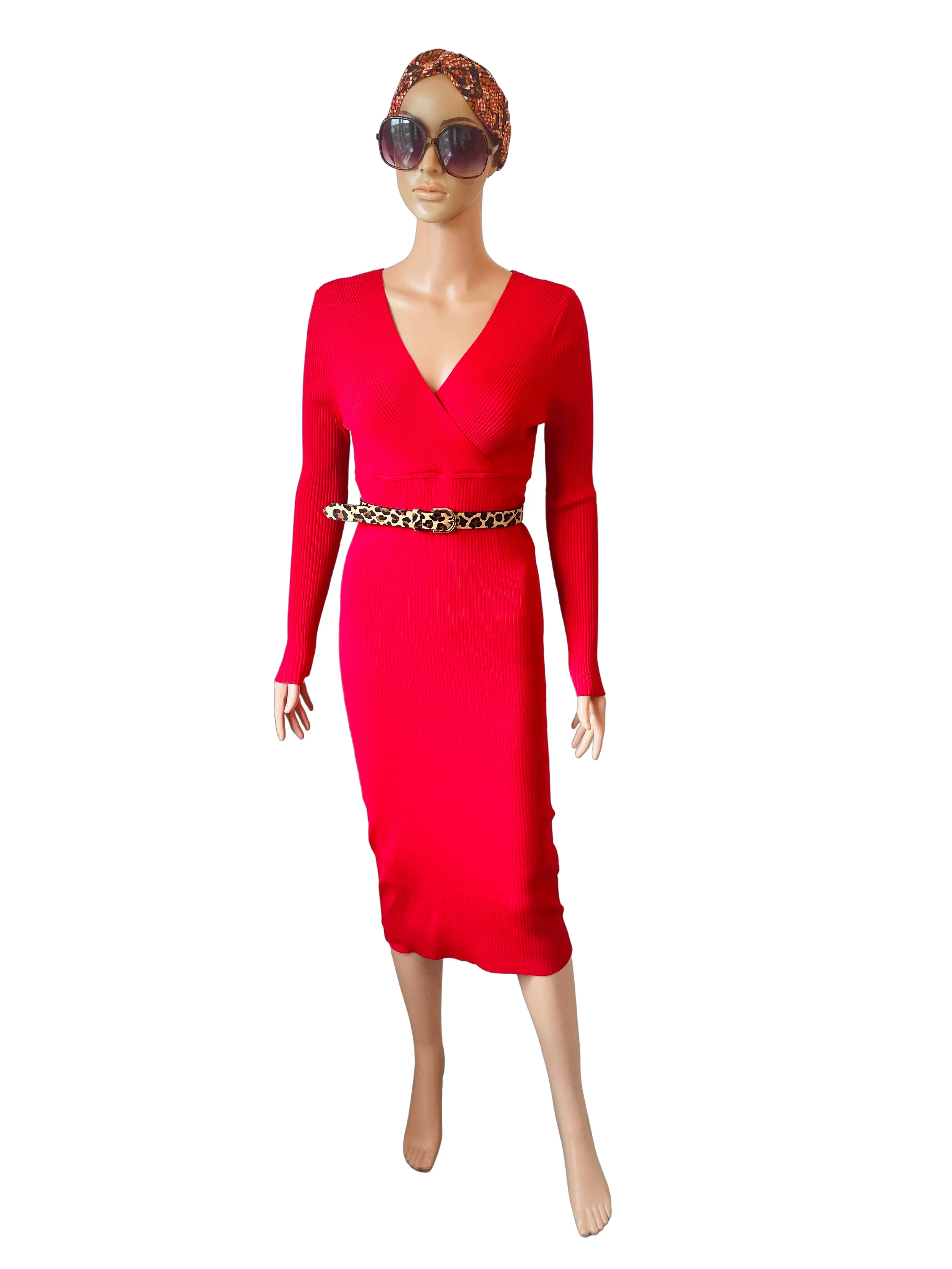Red Midi Body Con Jumper Dress