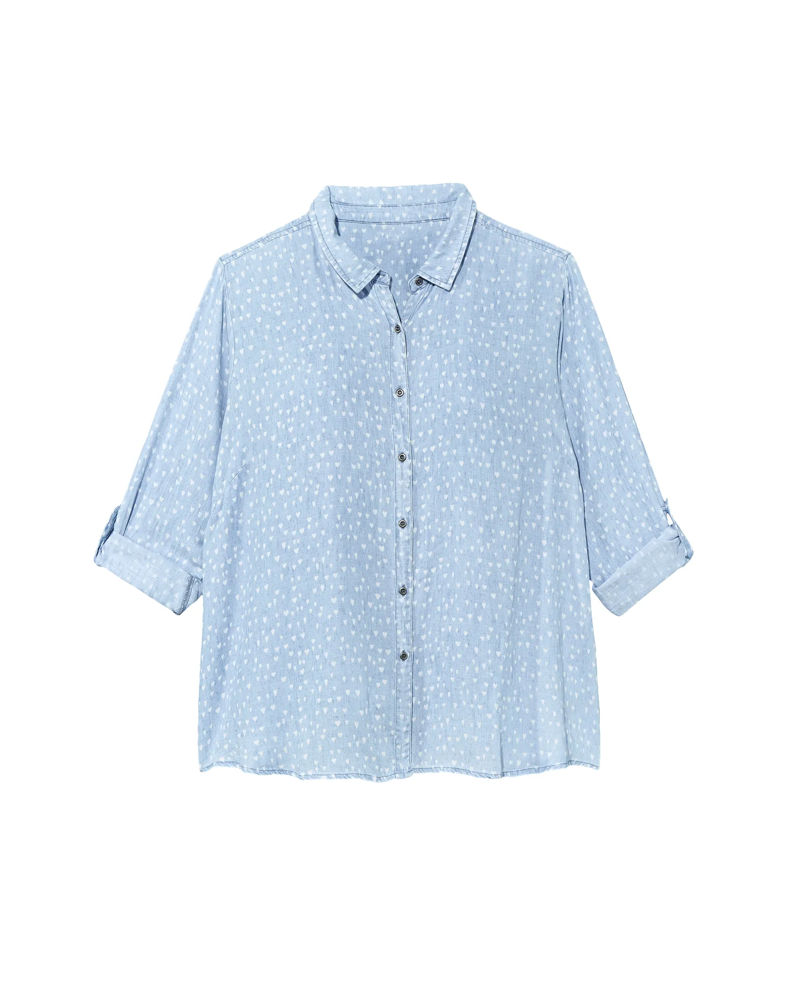 Rosaria 3/4 Sleeve Rolled Sleeve Button Back Button Down | Light Blue / White