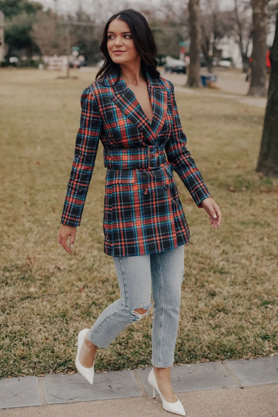Serena Plaid Belted Blazer