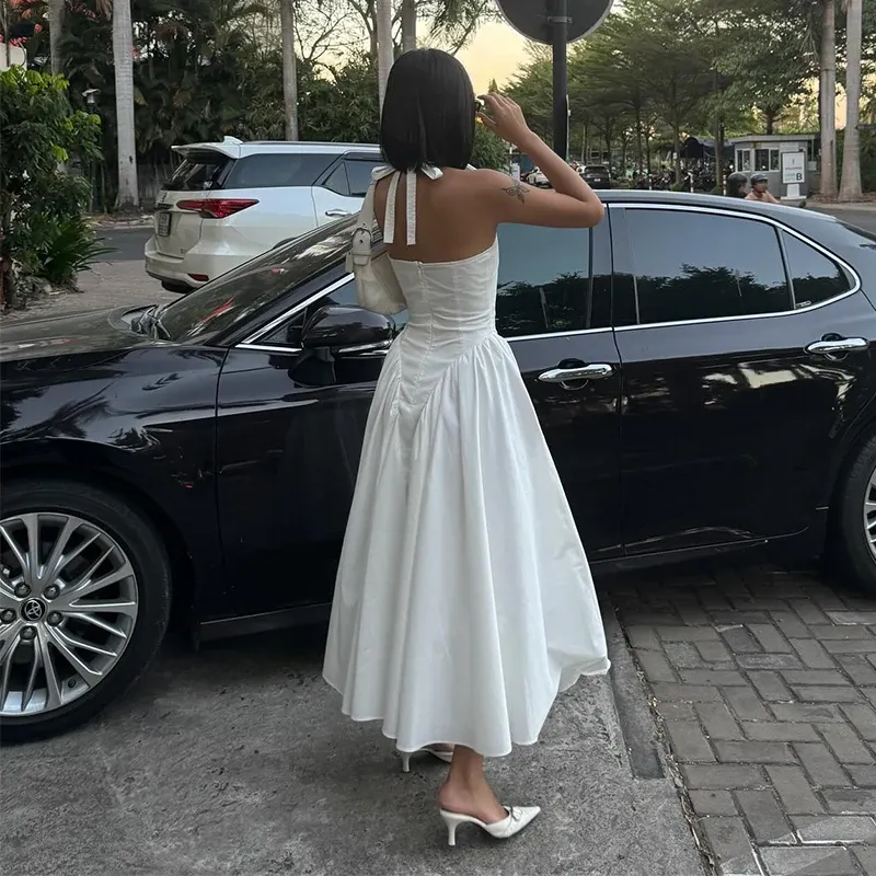 Solid Color Women's V-Neck Evening Dress Sleeveless Halter Chic Dress For Women       fg6088