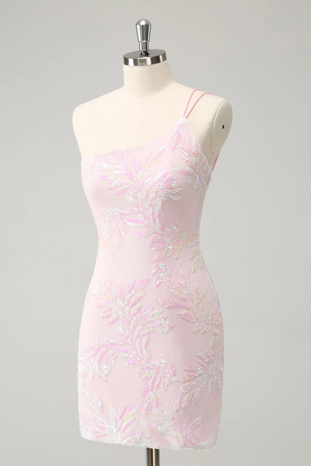 Sparkly Pink Bodycon One Shoulder Short Homecoming Dress with Sequins