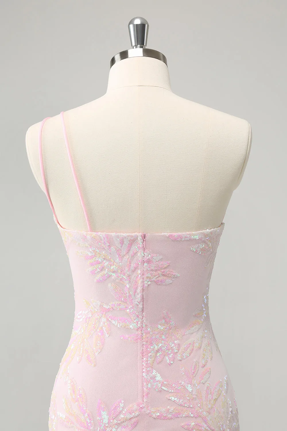 Sparkly Pink Bodycon One Shoulder Short Homecoming Dress with Sequins