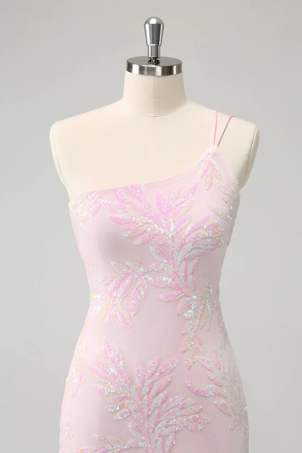 Sparkly Pink Bodycon One Shoulder Short Homecoming Dress with Sequins