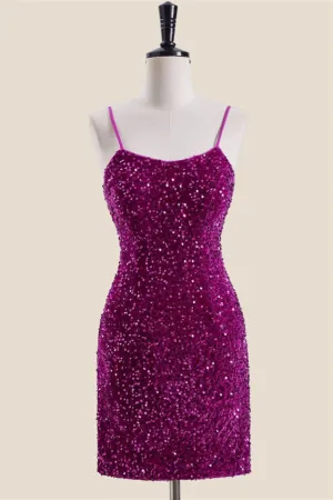 Straps Magenta Sequin Bodycon Short Dress
